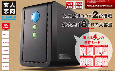 玄人志向　GW3.5FX2-U3E HDD RAIDケース おまけ2TBx2つき