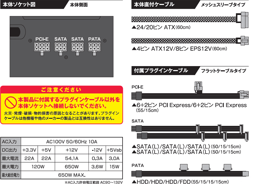 KRPW-BK650W/85+ | 80PLUS BRONZE取得 ATX電源 650W(プラグインタイプ ...